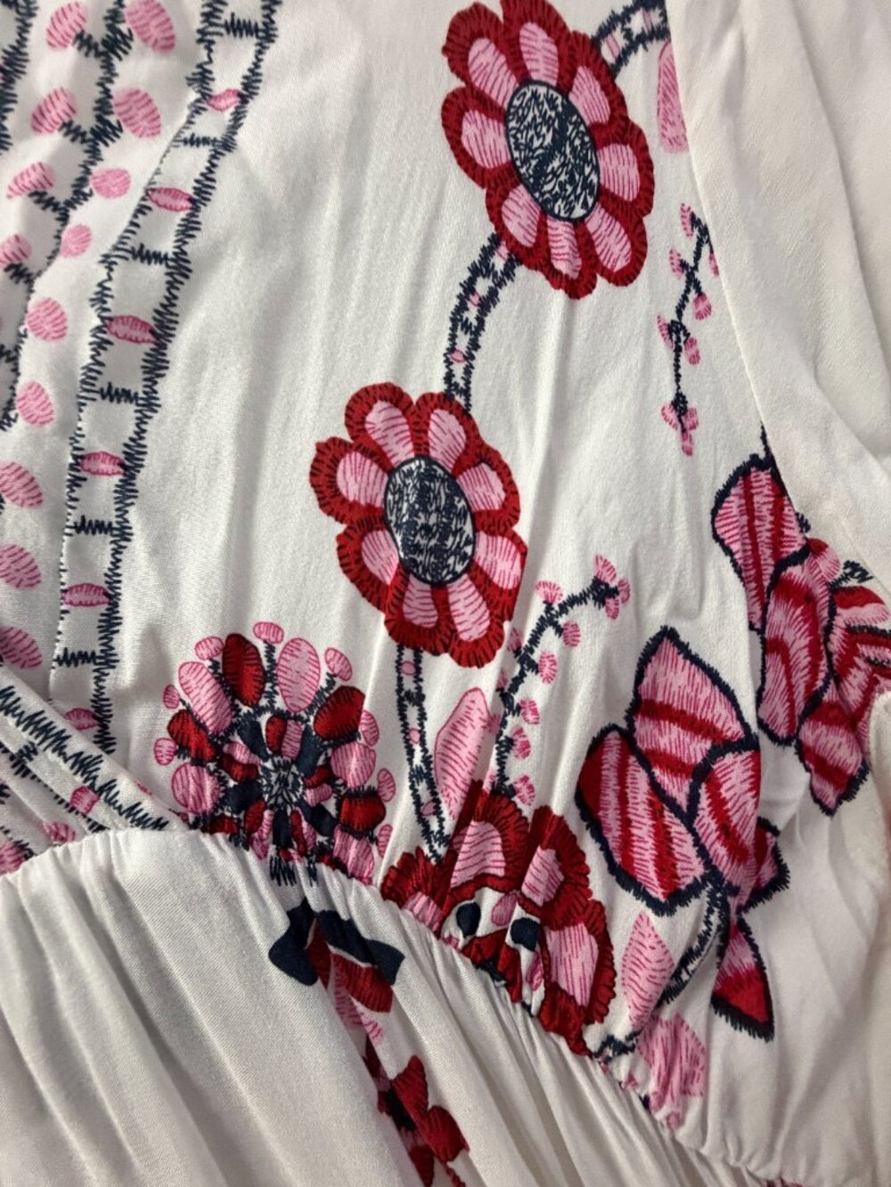 Boho Floral Embroidered Maxi Dress Womens L V-Neck Bell Sleeve Cotton 0103 - Picture 3 of 7